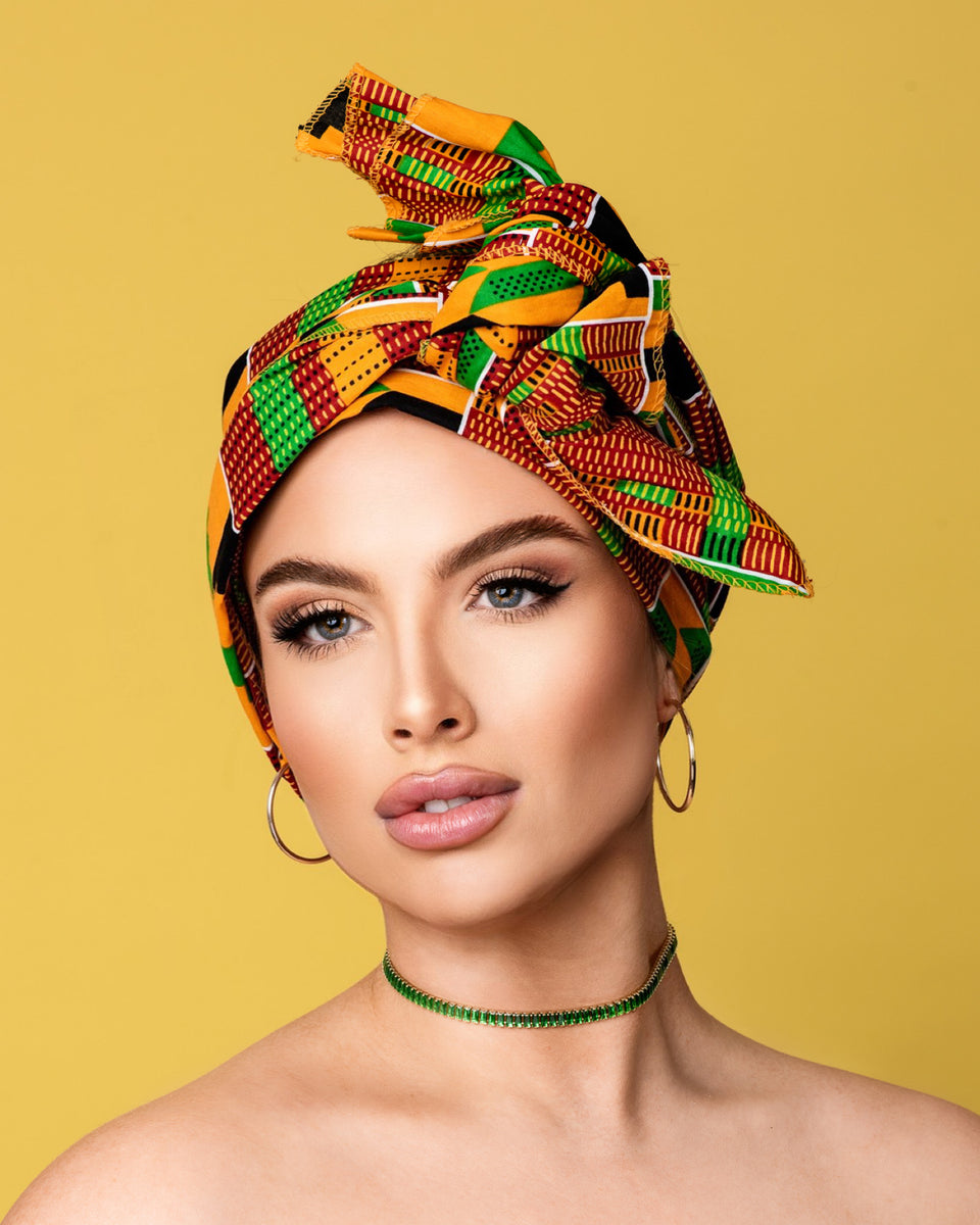 African Print Head Wrap/Scarf (Yellow Green Kente)