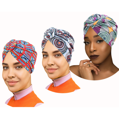 PRE-TIED African Women Knot Beanie Cap-3 Pack