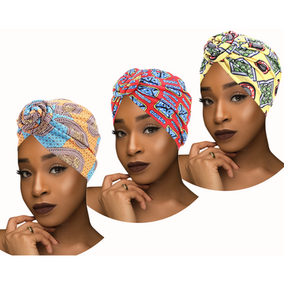 PRE-TIED African Women Knot Beanie Cap-3 Pack