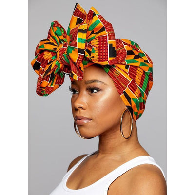 KENTE Cloth Extra Long 72"×22" Headwrap ANKARA Dashiki African Print Wrap/Scarf for Women - Green, Black & Orange  Head wrap Tie Hat - Ethnic Tribal - Laura Baby and Company