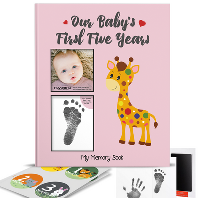 Novarena First 5 Years Baby Memory Book Journal Scrapbook with 48 Pack Monthly Milestones Stickers & Clean-Touch Baby Safe Ink Pad for Hand Footprint - Laura Baby and Company