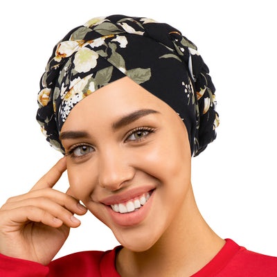 PRE-TIED Women African Turban with Rose Braided Knot Bonnet Beanie Cap Headwrap| Stretch Jersey Knit Wraps Scarf Turbans Ties | Headbands | Bandana - Laura Baby and Company