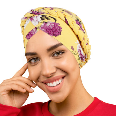 PRE-TIED Women African Turban with Rose Braided Knot Bonnet Beanie Cap Headwrap| Stretch Jersey Knit Wraps Scarf Turbans Ties | Headbands | Bandana - Laura Baby and Company