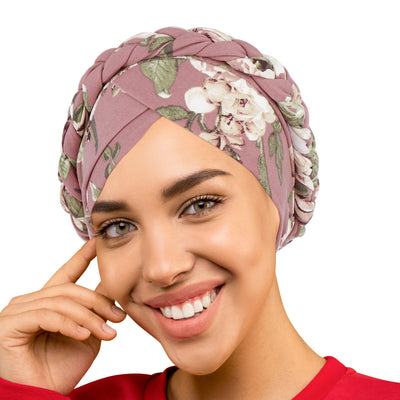 PRE-TIED Women African Turban with Rose Braided Knot Bonnet Beanie Cap Headwrap| Stretch Jersey Knit Wraps Scarf Turbans Ties | Headbands | Bandana - Laura Baby and Company