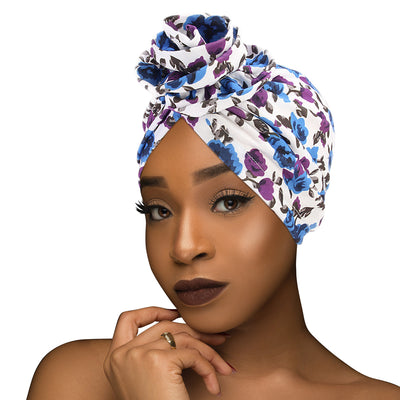 PRE-TIED Women African Turban with Rose Flower Knot | Pre-Tied Bonnet Beanie Cap Headwrap| Stretch Jersey Solid Colors and Floral Knit Wraps Scarf - Laura Baby and Company