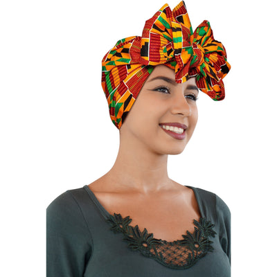 KENTE Cloth Extra Long 72"×22" Headwrap ANKARA Dashiki African Print Wrap/Scarf for Women - Green, Black & Orange  Head wrap Tie Hat - Ethnic Tribal - Laura Baby and Company