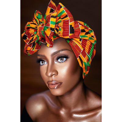 KENTE Cloth Extra Long 72"×22" Headwrap ANKARA Dashiki African Print Wrap/Scarf for Women - Green, Black & Orange  Head wrap Tie Hat - Ethnic Tribal - Laura Baby and Company